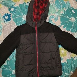 Boys winter jacket black, grey and red